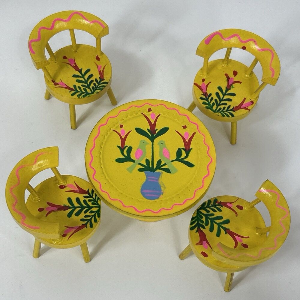 Vtg Fomerz Dollhouse Miniature Wooden Table Chair Set FolkArt Hand Painted Japan
